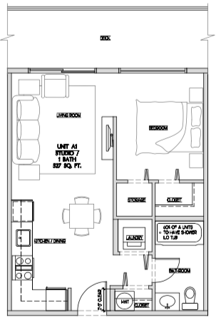Floor plan for studio, 1 bath, 527 sqft